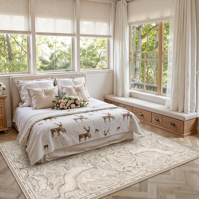 Lahome Boho Animal 6x9 Washable Living Room Area Rugs, Beige Soft Rugs for Bedroom, Botanical Large Boho Non Slip Dining Room Carpet for Under Table Office Kids Playroom (6x9ft,Beige)