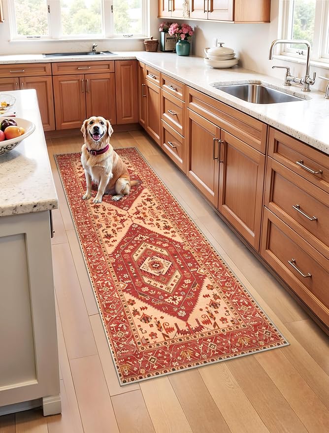 SERISSA Boho Washable Runner Rug, 2x5 Rug Runner Non-Slip Vintage Red Beige Hallway Kitchen Runner Rug Ultra Soft Print Distressed Floor Carpet Runner for Bedroom Bathroom Laundry Living Room