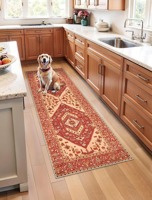 SERISSA Boho Washable Runner Rug, 2x5 Rug Runner Non-Slip Vintage Red Beige Hallway Kitchen Runner Rug Ultra Soft Print Distressed Floor Carpet Runner for Bedroom Bathroom Laundry Living Room