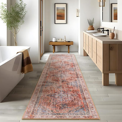 Phantoscope Washable Runner Rug 2'x10' Non-Slip, Vintage Neutral Fall Hallway Rugs for Entryway, Stair, Bedroom, Distressed Boho Medallion Pattern, Low-Pile Foldable Floor Carpet, Rust Orange