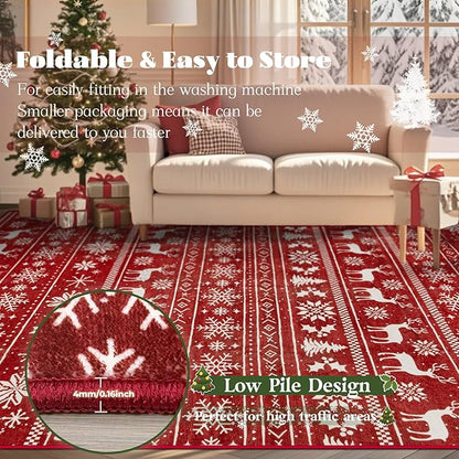 Christmas Rug 6x9 Washable Rugs, Boho Christmas Tree Snowflake Rug Non-Slip Soft Low Pile Non Shedding Indoor Holiday Decor Carpet for Living Room Bedroom Dining Room Home Office (Xmas Red, 6'x9')