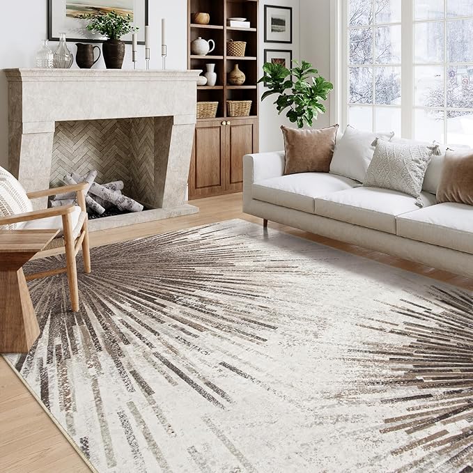 Lahome Modern Carpets for Living Room - Machine Washable Area Rugs 5x7 Throw Non-Slip Soft Carpet for Bedroom, Abstract Print Ultra-Thin Indoor Rug for Dining Room Office Home (Brown/Gray, 5'x7')