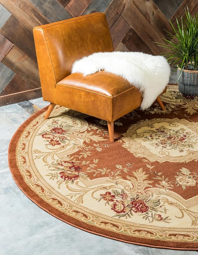 Rugs.com Chateau Collection Rug – 6 Ft Round Brick Red Medium Rug Perfect for Kitchens, Dining Rooms