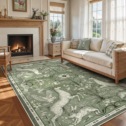 Lahome Boho Animal Washable Rugs for Living Room 8x10, Green Soft Rugs for Bedroom, Botanical Large Boho Non Slip Dining Room Carpet for Under Table Office Kids Playroom (8x10ft,Green)