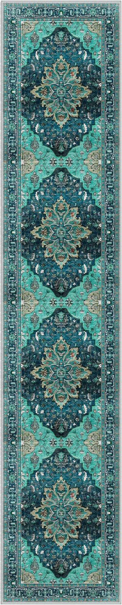 Area Rugs 2'6''x14' Washable Non-Slip, Floral Vintage Distress Print Pattern Medallion Carpet for Living Room Bedroom Dining Room, Teal Green Lake Blue Turquoise