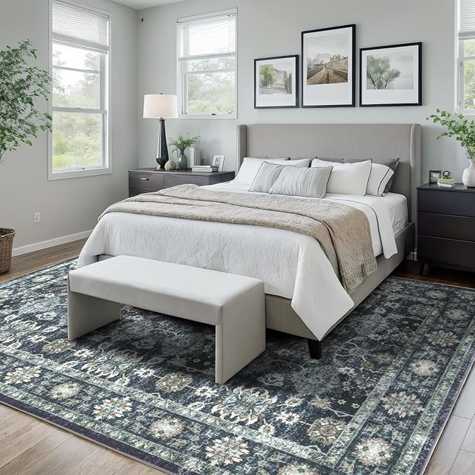 Washable 8×10 Area Rug for Living Room, Vintage Floral Rug Soft Non Slip Stain Resistant Boho Carpet for Indoor Bedroom Dinning Room Home Office Blue/Navy