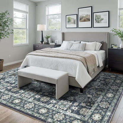 Washable 8×10 Area Rug for Living Room, Vintage Floral Rug Soft Non Slip Stain Resistant Boho Carpet for Indoor Bedroom Dinning Room Home Office Blue/Navy