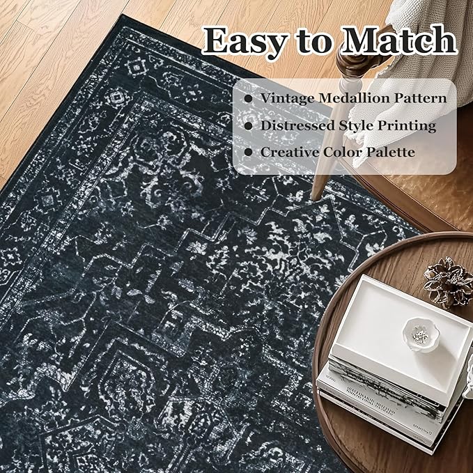 Black White 2x8 Kitchen Runner Rug, Washable Non Slip Hallway Entryway Runner Indoor, Low Pile Vintage Medallion Distressed Carpet Runners 8ft for Bedroom Bedside/Laundry Room/Bathroom
