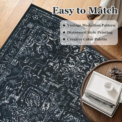 Black White 2x8 Kitchen Runner Rug, Washable Non Slip Hallway Entryway Runner Indoor, Low Pile Vintage Medallion Distressed Carpet Runners 8ft for Bedroom Bedside/Laundry Room/Bathroom