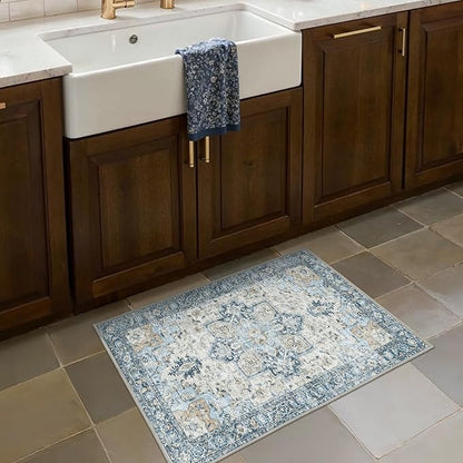 Area Rug 2x3 Doormat, Machine Washable Low Pile Vintage Rugs, Small Lightweight Rug Entryway Indoor Mat for Entrance, Hallway, Kitchen and Corridor, Blue