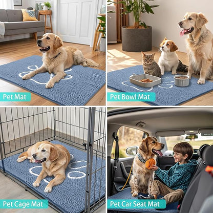 Smiry Dog Door Mat for Muddy Paws, Absorbent Dirt Trapper Non Slip Quick Dry Washable Chenille Mat for Mud Dogs, Entry Rug for Indoor and Outdoor (24x16 Inches, Airy Blue and White)
