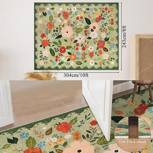 U'Artlines 8x10ft Vintage Floral Area Rug Machine Washable Ultra Soft Low Pile Non Slip Non Shedding Accent Floor Carpet for Living Room, Bedroom, Dining Room, Office (Green)