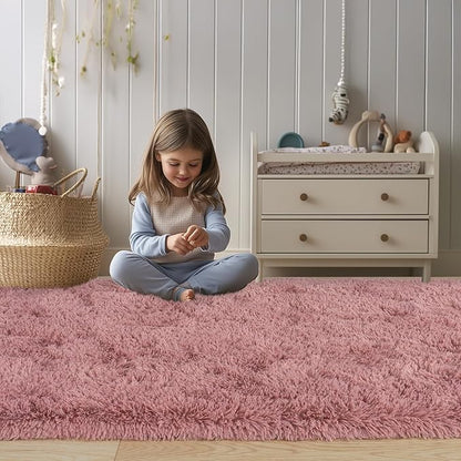 Soft Fluffy Area Rug for Bedroom, Blush Pink Fuzzy Shaggy Oval Throw Rugs for Bedside, Non-Slip Cozy Plush Shag Carpet for Girls Kids Room Nursery Dorm Living Room, 2.6 x 5.3 Feet