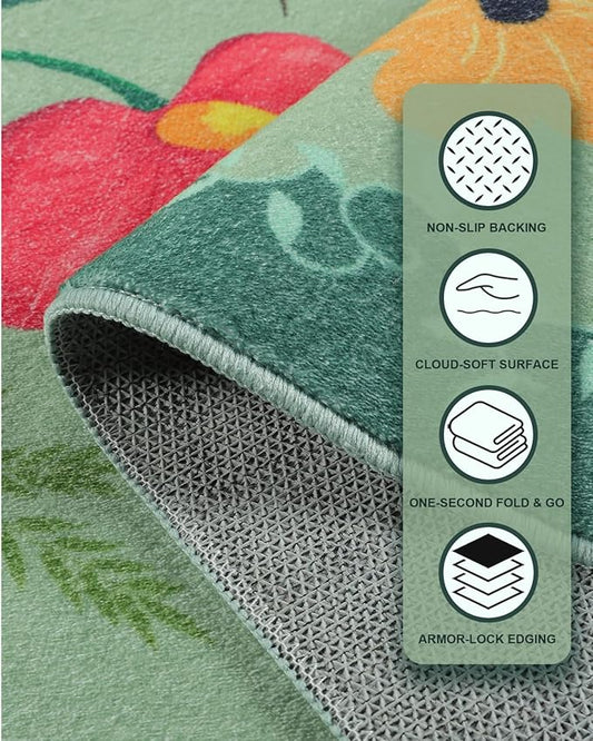 Boho Washable Area Rug 5x7 – Floral Low Pile Non-Slip Carpet for Living Room, Bedroom, Office, Playroom, Entryway, Kitchen, Dining Room (Green)