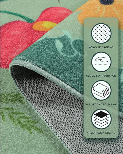 Boho Washable Area Rug 4x6 – Floral Low Pile Non-Slip Carpet for Living Room, Bedroom, Office, Playroom, Entryway, Kitchen, Dining Room (Green)
