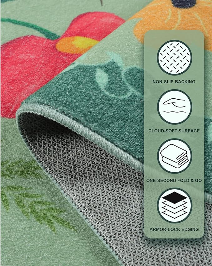 Boho Floral Entryway Rug 2x3, Washable Small Mat for Bathroom and Kitchen, Non Slip Front Door Mat Indoor Entrance, Vintage Style Flower Mat with Rubber Backing, Soft Area Rug for Entry Way (Green)