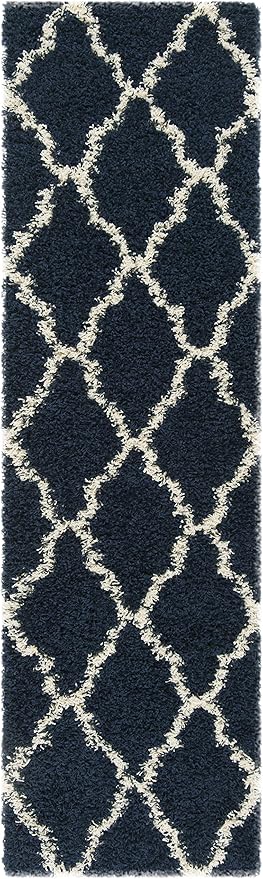 SAFAVIEH Dallas Shag Collection Runner Rug - 2'3" x 10', Navy & Ivory, Trellis Design, Non-Shedding & Easy Care, 1.5-inch Thick Ideal for High Traffic Areas in Living Room, Bedroom (SGD257N)