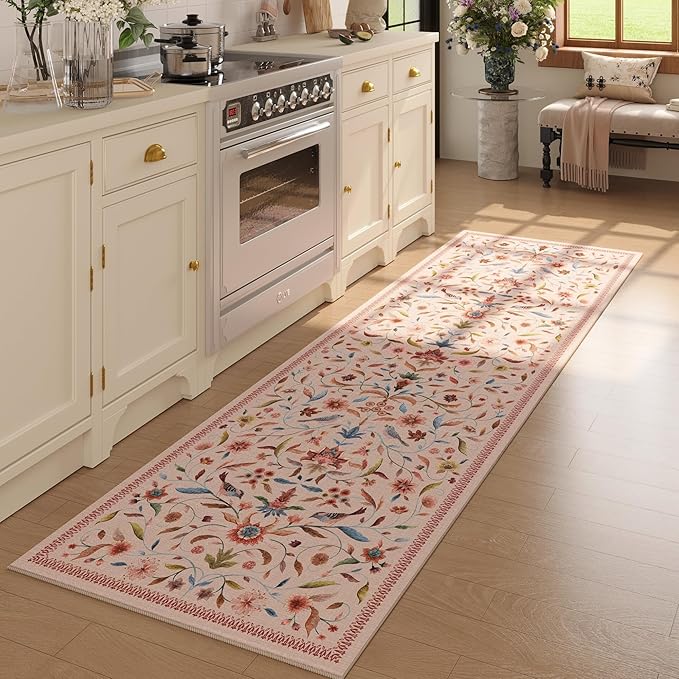 Vintage Medallion Floral Kitchen Runner 2x6, Machine Washable Rug, Soft Low Pile, Non-Slip Carpet for Hallways, Laundry, Bedroom, Bathroom, Entryway | Pink