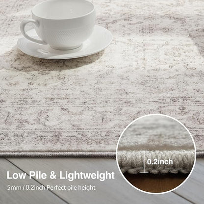 FMFUNCTEX 6x9 Washable Area Rug Beige Vintage Neutral Distressed Large Non Slip Carpet for Living Room Bedroom Soft Low Pile Indoor Mat Retro Floral Throw Rug for Dining Room Kitchen Office Nursery