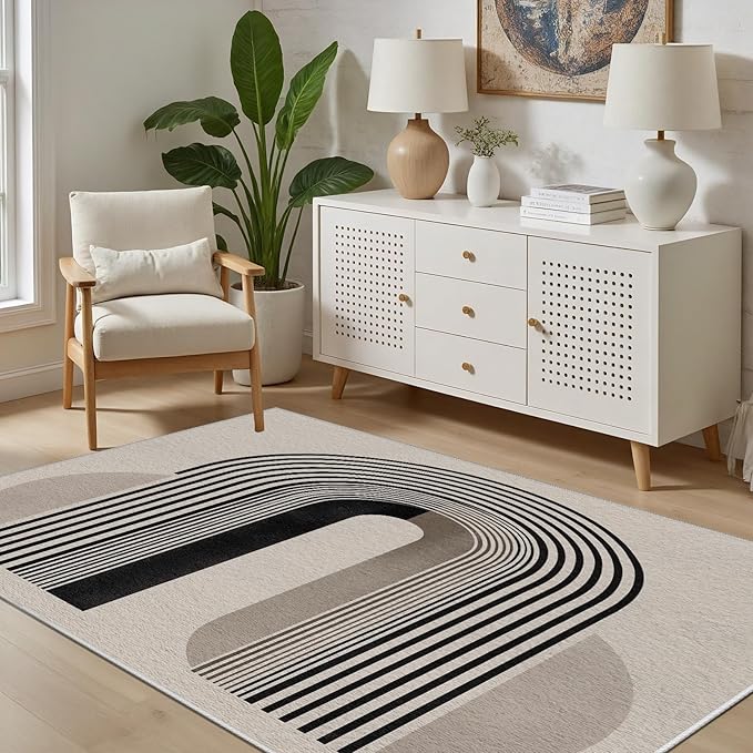 Modern Washable Rug for Living Room 7x10, Boho Abstract Striped Area Rugs, Soft Non Slip Low Pile Farmhouse Carpet for Bedroom Dining Room Kitchen, Stain Resistant, Pet Friendly, Beige Black