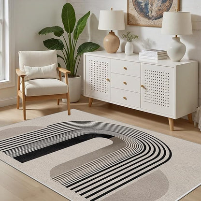 Modern Washable Rug for Living Room 5x6, Boho Abstract Striped Area Rugs, Soft Non Slip Low Pile Farmhouse Carpet for Bedroom Dining Room Kitchen, Stain Resistant, Pet Friendly, Beige Black