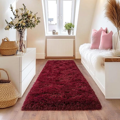 Burgundy Runner Rug for Hallway, Bedroom Bedside Plush Rugs, Non Slip Fluffy Shaggy Carpet for Kids Home Decor, Dorm Nursery 2x6 Ft