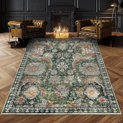 RUGSURE Washable Area Rugs - Perfect for Living Room, Bedroom, Kids Room, Nursery - Stain & Water Resistant Non-Slip, Pet & Child Friendly, Vintage Tribal Area Rugs (Green, 3' x 5 ')