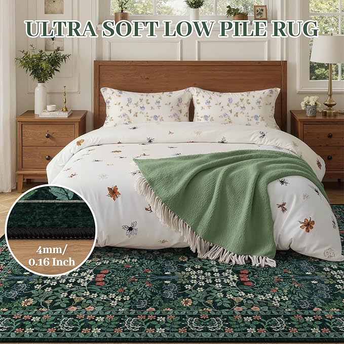 6x9 Area Rugs Living Room Rug - Floral Vintage Morris-Inspired Washable Carpet, Low Pile Non-Shedding Stain Resistance Boho Soft Carpet for Bedroom, Dining Room, Office, Farmhouse (6'x9' Dark Green)