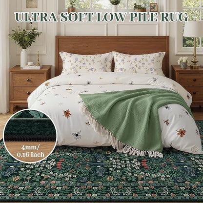 6x9 Area Rugs Living Room Rug - Floral Vintage Morris-Inspired Washable Carpet, Low Pile Non-Shedding Stain Resistance Boho Soft Carpet for Bedroom, Dining Room, Office, Farmhouse (6'x9' Dark Green)