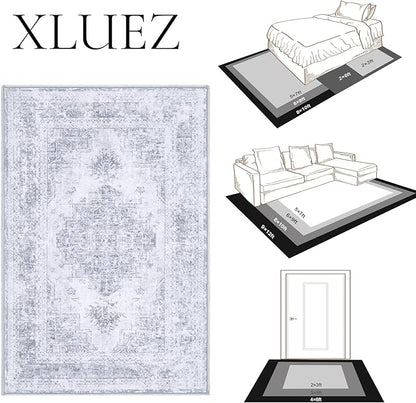 Area Rug 4x6 Vintage Rug, Machine Washable Vintage Distressed Medallion Rug Non-Slip Soft Low Pile Large Indoor Rugs for Bedroom Kitchen Dining Room Office(LightGrey,4'x6')