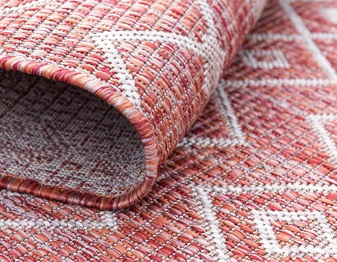 Unique Loom Outdoor Trellis Collection Area Rug - Tribal Trellis (3' 3" Round, Rust Red/ Ivory)