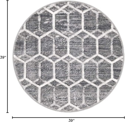 Rugs.com Lattice Trellis Collection Rug – 3 Ft Round Gray Low-Pile Rug Perfect for Kitchens, Dining Rooms