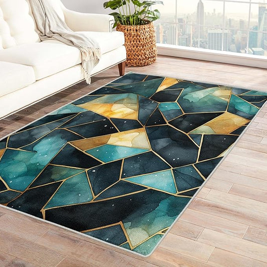 Blue and Gold Rug, 4x6 Rug, Watercolor Art Rugs for Entryway, Luxury Large Area Rug, Washable Rug Non Slip Soft Indoor Carpet, Kids and Pets Friendly, Blue and Gold Home & Room Decor
