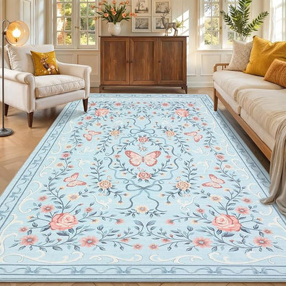 GarveeHome Washable Floral Area Rug 5x7 for Living Room Non Slip Bedroom Rug Soft Stain Resistant Large Dining Room Throw Carpet Low Pile Blue Bow Rugs Butterfly Flower Carpet for Nursery Entry, 5x7