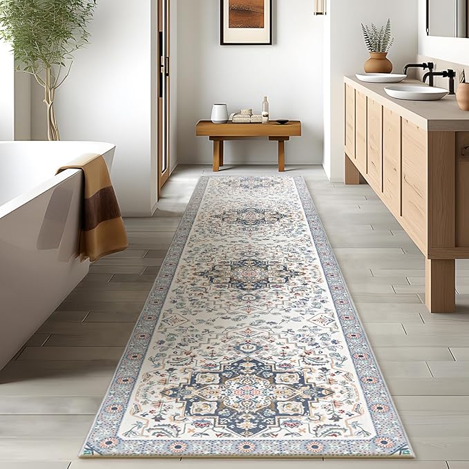 Phantoscope Washable Runner Rug 2'x10' Non-Slip, Vintage Boho Hallway Rugs for Entryway, Stair, Bedroom, Persian Floral Medallion Pattern, Low-Pile Foldable Floor Carpet, Ivory Blue/Garden Bloom
