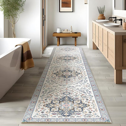 Phantoscope Washable Runner Rug 2'x10' Non-Slip, Vintage Boho Hallway Rugs for Entryway, Stair, Bedroom, Persian Floral Medallion Pattern, Low-Pile Foldable Floor Carpet, Ivory Blue/Garden Bloom