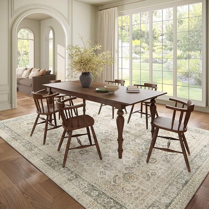 Washable 8x10 Area Rugs for Living Room, Boho Non-Slip Vintage Distress Large Rugs for Bedroom Dining Room Nursery Office, 0.3" Neutral Oriental Throw Thin Carpet, Grey/Beige/Orange/Multi