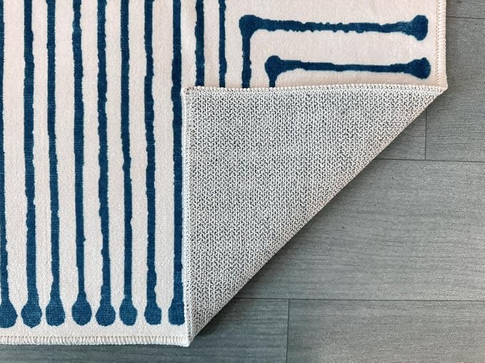 GLN Rugs Contemporary Collection - Machine Washable Area Rug, Contemporary Washable, Non Slip, Low Pile Chenille Rug, Living Room, Bedroom, Kitchen Rug (2' x 3' Blue Ivory)