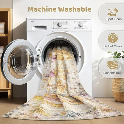 8X10 Area Rugs Living Room: Washable Large Abstract Soft Stain Resistant Indoor Floor Rugs Non Slip Accent Carpet for Bedroom Nursery Playroom Office Dining Room Dorm & Home- Gold Colorful
