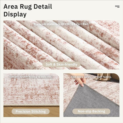 Washable Area Rug 8x10, Large Soft Rugs for Living Room Vintage Area Rugs for Bedroom Dining Room Non-Slip Stain Resistant Pink Under Table Rug