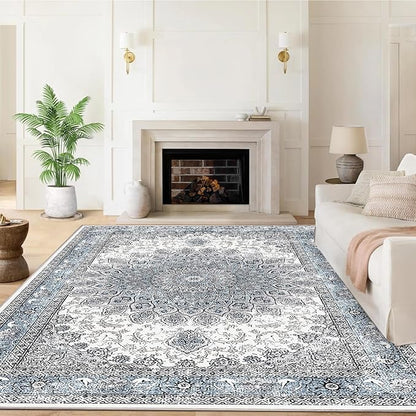 4’x6’ Area Rugs for Living Room Non Slip Washable Low Pile Area Rugs for Bedroom Dining Foldable Vintage Carpets Blue