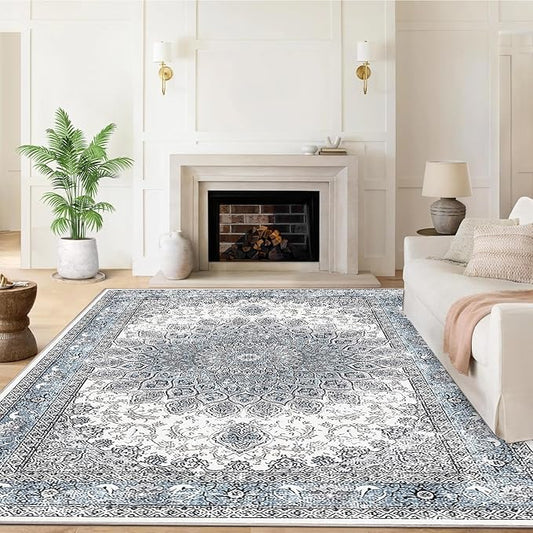 4’x6’ Area Rugs for Living Room Non Slip Washable Low Pile Area Rugs for Bedroom Dining Foldable Vintage Carpets Blue