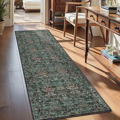 Lunasun Boho Dark Green Botanical 2x6 Washable Long Kitchen Runner Rug - Floral Throw Rug for Hallway, Bathroom, Indoor Entrance, Laundry, Bedroom - Soft Vintage Front Door Mat with Low Pile Non Skid