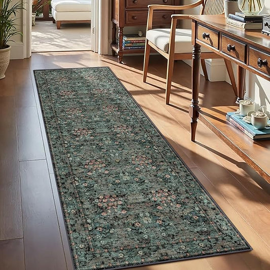 Lunasun Boho Dark Green Botanical 2x6 Washable Long Kitchen Runner Rug - Floral Throw Rug for Hallway, Bathroom, Indoor Entrance, Laundry, Bedroom - Soft Vintage Front Door Mat with Low Pile Non Skid