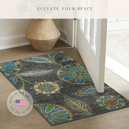 Maples Rugs Reggie Floral Kitchen Rug - Made in USA - Washable, Non Slip Indoor Carpet for Entryway, Foyer, Kitchen, and Bathroom, 1'8 x 2'8, Dark Grey