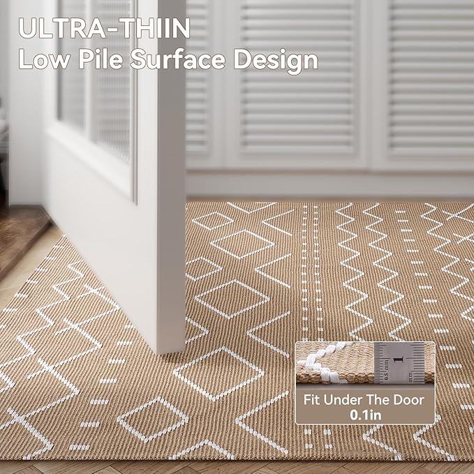 Hallway Runner Rug 2x8, Washable Kitchen Runners Non Slip, Ultra Thin Entryway Floor Mat Fit Under Door, Soft Low Pile Cotton Boho Carpet for Laundry Outdoor Bedroom