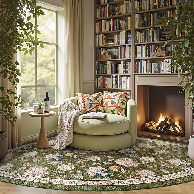 jinchan Elora Floral Corner Rug for Living Room Washable Bedroom Rug Vintage Romance Design Non Slip Quarter Circle Lightweight Low-Pile Throw Carpet for Reading Nook Playroom,8ft Radius, Green