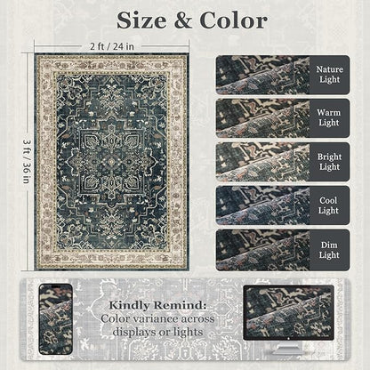Vintage Distressed 2x3 Kitchen Rugs Washable Non Slip, Medallion Door Mat Indoor Entrance Entryway, Small Low Pile Rugs for Bedroom/Bathroom Vanity/Laundry Room, Midnight with Multi Accents