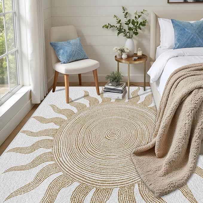 Boho Washable Rugs for Bedroom 3x5, Modern Sun Print Soft Minimalism Area Rug, Non Slip Low Pile Abstract Carpet for Classroom Living Room Decor Dining Room Sofa Kids Nursery Room, Beige Yellow