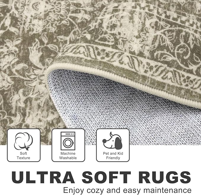 KILOCOCO Moroccan Small Area Rug 2x3 Entryway Rugs Printed Vintage Floral Washable Rug Non-Slip Kitchen Rug Indoor Door Mat, Accent Throw Small Rugs for Laundry Room Bedroom Entrance, Taupe/Green